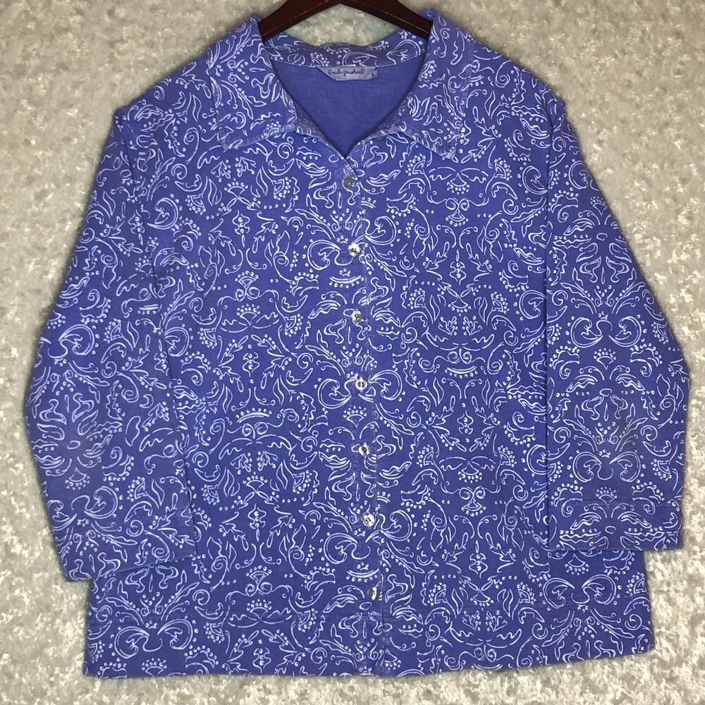 Fresh Produce 100% Cotton Women's Blue and White Design‎ Button Up Size Large